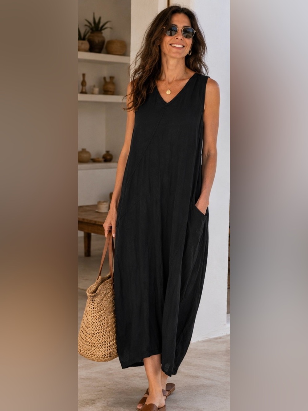 Cut Loose Chic Black Lightweight Parachute Faux Wrap Midi Dress Pockets V-neck M
